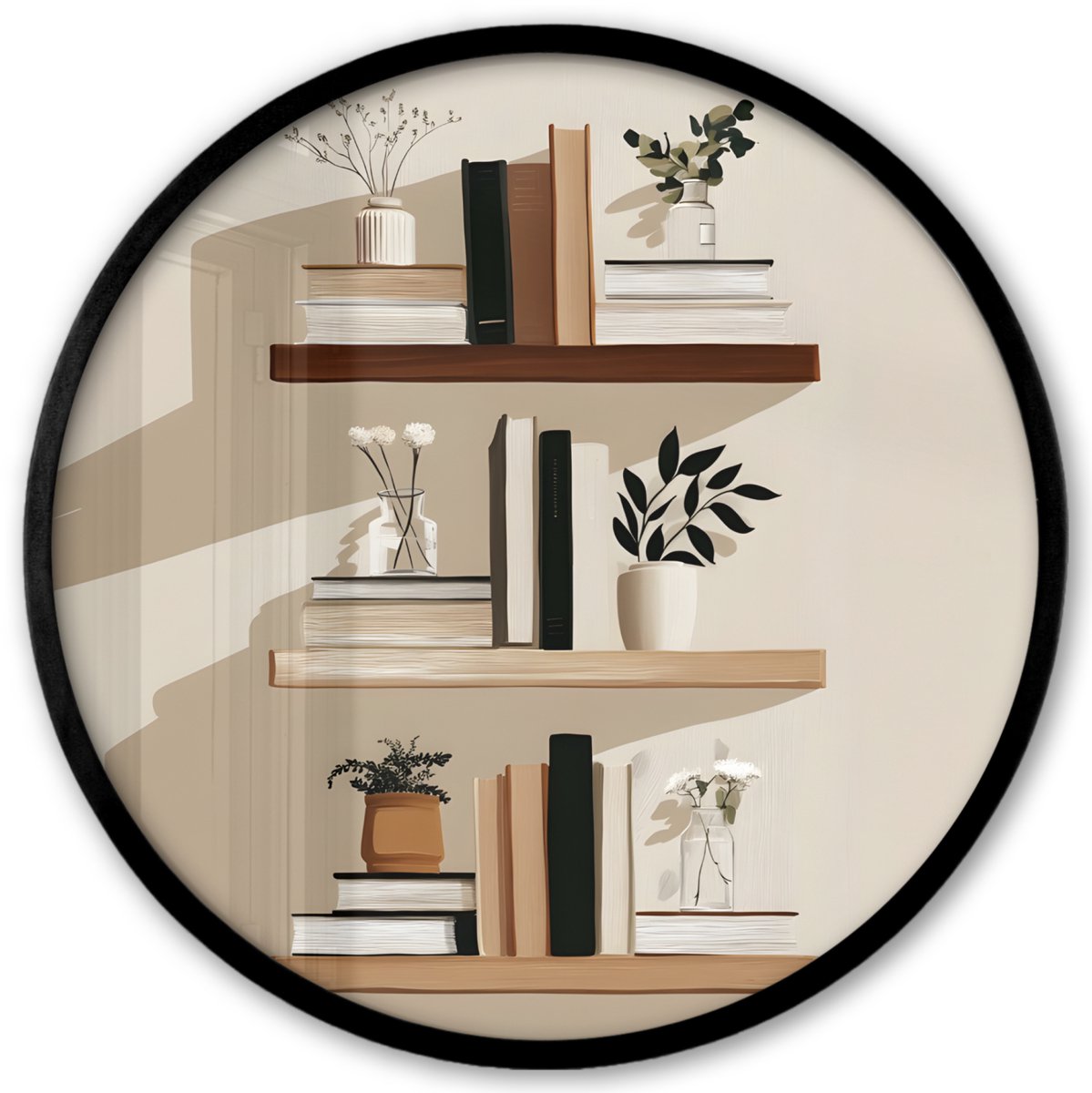FrameYourWall Poster in lijst Rond - Fotolijst 40x40 cm - Posters - Plankjes - Boeken - Vaasjes - Planten - Ronde posterlijst zwart - Decoratie - Wanddecoratie woonkamer - Muurdecoratie slaapkamer Boeken - Planten - Planken