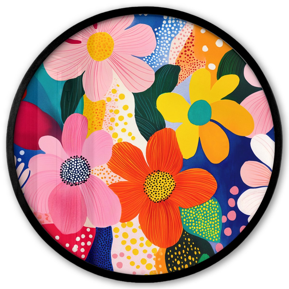 FrameYourWall Poster in lijst Rond - Fotolijst 40x40 cm - Posters - Bloemen - Kleurrijk - Stippen - Ronde posterlijst zwart - Decoratie - Wanddecoratie woonkamer - Muurdecoratie slaapkamer Stippen - Vormen - Modern