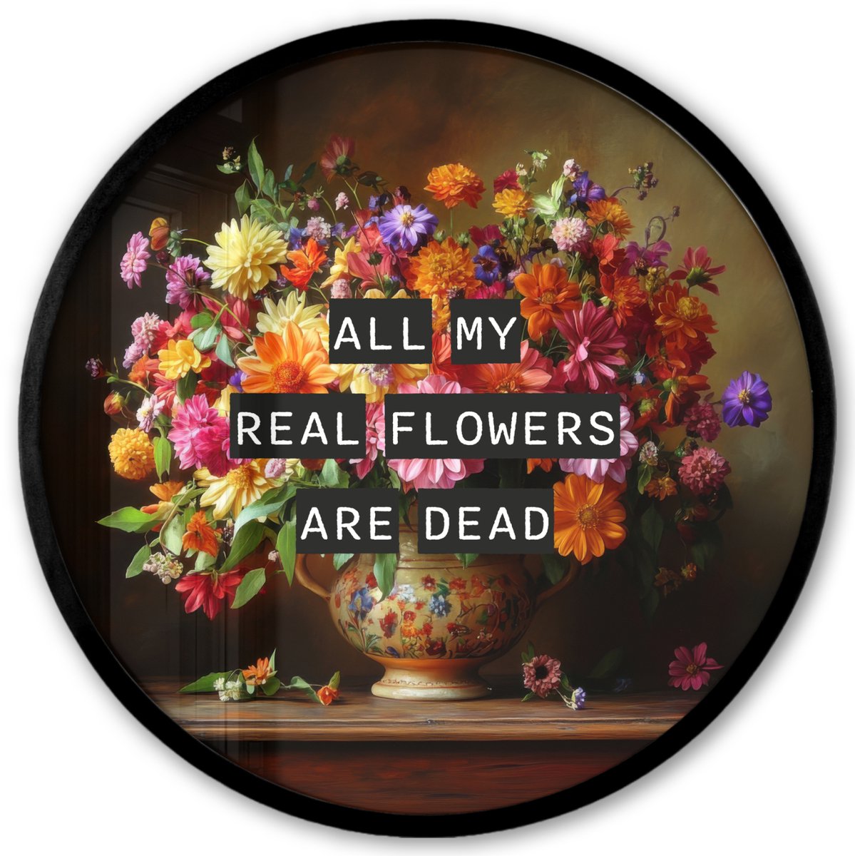 FrameYourWall Poster in lijst Rond - Fotolijst 40x40 cm - Posters - Kleur - Bloemen - Vintage - Bloemenvaas - Ronde posterlijst zwart - Decoratie - Wanddecoratie woonkamer - Muurdecoratie slaapkamer Bloemen - Kleurrijk - Quote