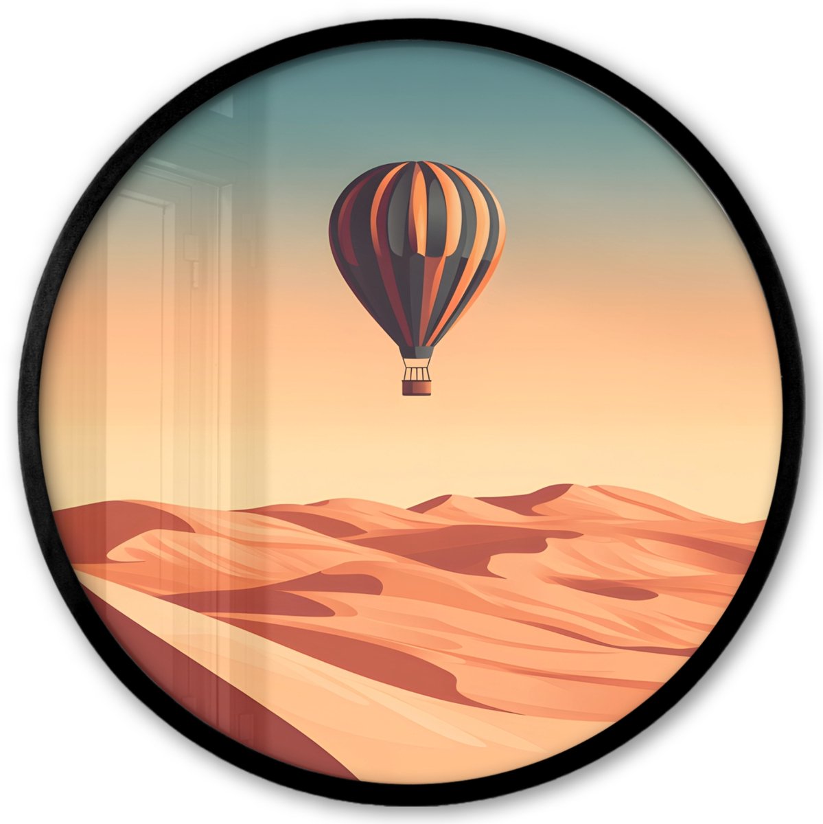 FrameYourWall Poster in lijst Rond - Fotolijst 40x40 cm - Posters - Luchtballon - Woestijn - Zonsondergang - Blauw - Ronde posterlijst zwart - Decoratie - Wanddecoratie woonkamer - Muurdecoratie slaapkamer