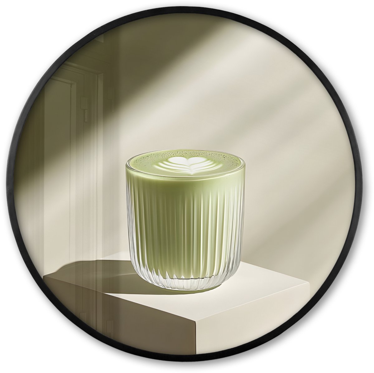 FrameYourWall Poster in lijst Rond - Fotolijst 80x80 cm - Posters - Matcha - Glas - Groen - Minimalistisch - Ronde posterlijst zwart - Decoratie - Wanddecoratie woonkamer - Muurdecoratie slaapkamer Glas - Matcha