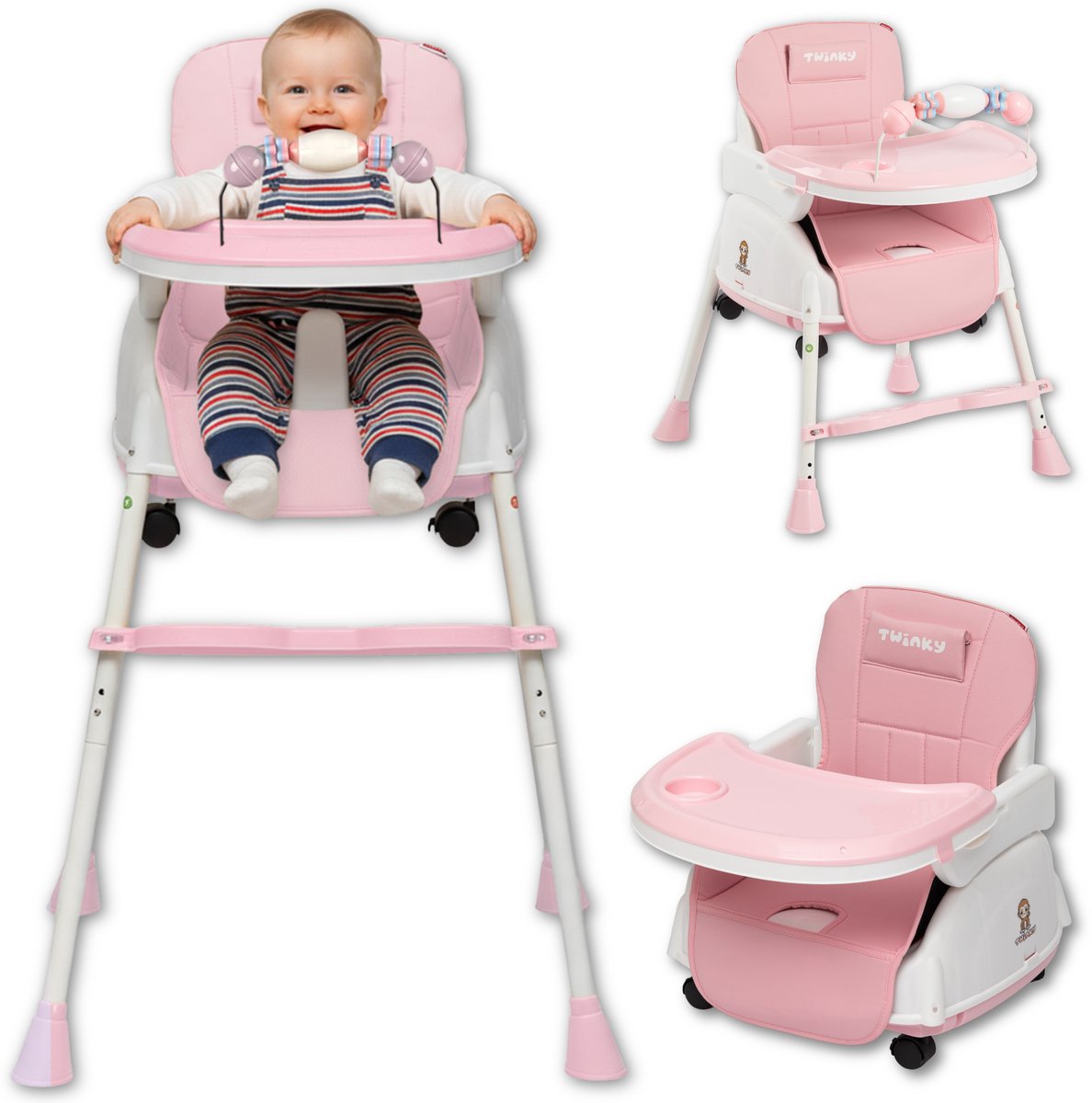 Twinky® Kinderstoel – 2-in-1 Kinderwagen Set – Roze – Inklapbare Eetstoel & Baby Wagentje en Babystoel Voor Aan Tafel  –  Kinderzetel, Peuterstoeltje en Meegroeistoel  in 1