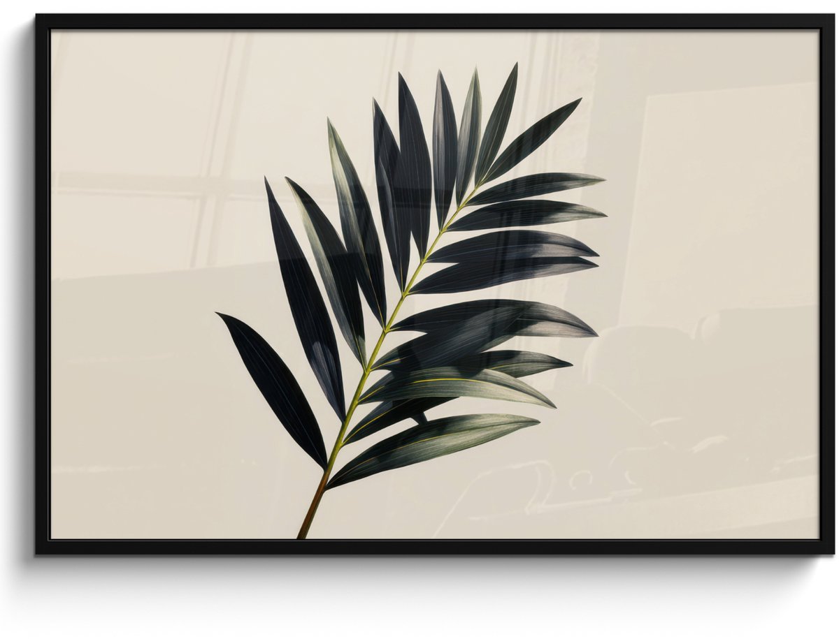 FrameYourWall Poster in lijst - Fotolijst 120x80 cm - Posters - Palmblad - Subtiel - Groen - beige - Posterlijst zwart - Decoratie - Wanddecoratie woonkamer - Muurdecoratie slaapkamer