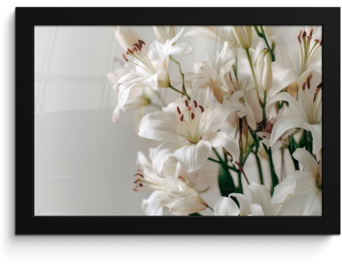 FrameYourWall Poster in lijst - Fotolijst 30x20 cm - Posters - Lelies - Boekte - Wit - Meeldraden - Posterlijst zwart - Decoratie - Wanddecoratie woonkamer - Muurdecoratie slaapkamer Lelies - Meeldraden