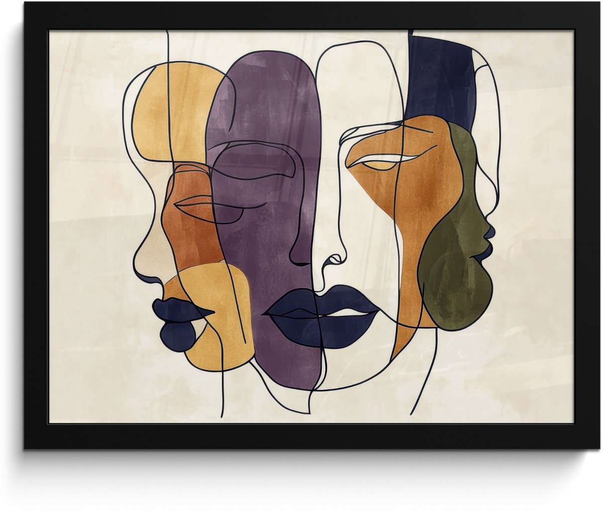 FrameYourWall Poster in lijst - Fotolijst 40x30 cm - Posters - Abstract - Overlappende gezichten - Paars - Donkergroen - Posterlijst zwart - Decoratie - Wanddecoratie woonkamer - Muurdecoratie slaapkamer Abstract - Gezichten