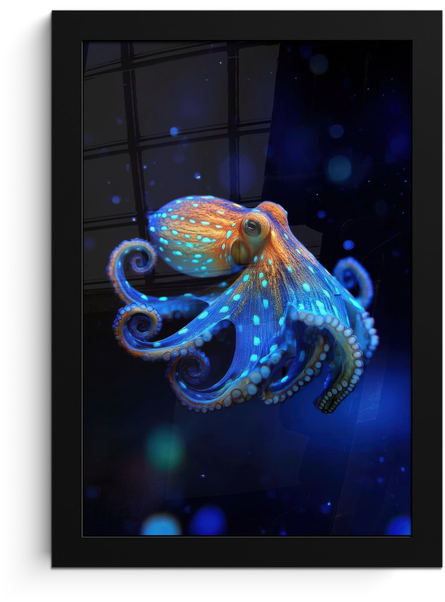 FrameYourWall Poster in lijst - Fotolijst 20x30 cm - Posters - Octopus - Stippen - Blauw - Zee - Posterlijst zwart - Decoratie - Wanddecoratie woonkamer - Muurdecoratie slaapkamer