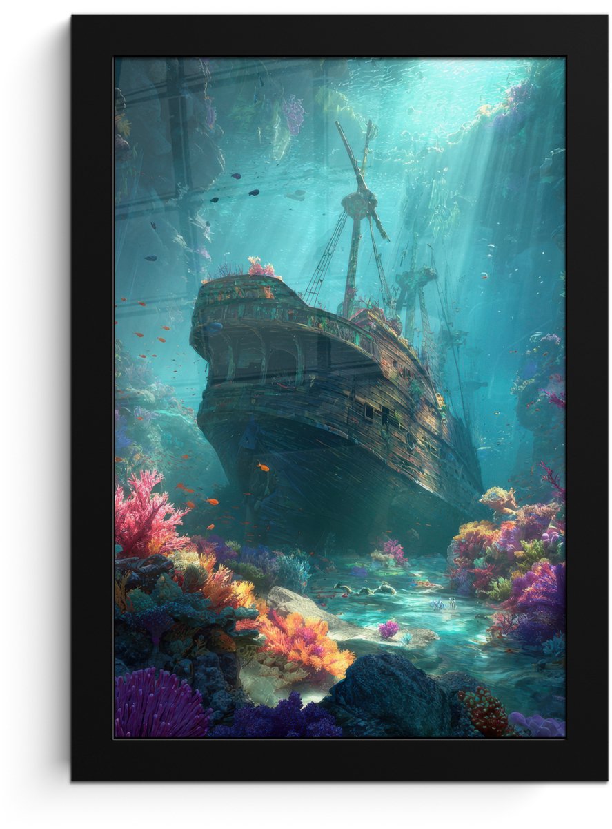 FrameYourWall Poster in lijst - Fotolijst 20x30 cm - Posters - Schip - Hout - Koraalriffen - Zonlicht - Posterlijst zwart - Decoratie - Wanddecoratie woonkamer - Muurdecoratie slaapkamer