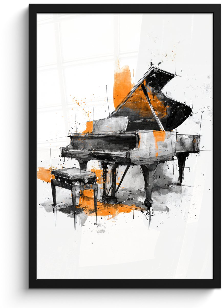 FrameYourWall Poster in lijst - Fotolijst 40x60 cm - Posters - Piano - Oranje - Zwart - schets lijnen - Posterlijst zwart - Decoratie - Wanddecoratie woonkamer - Muurdecoratie slaapkamer