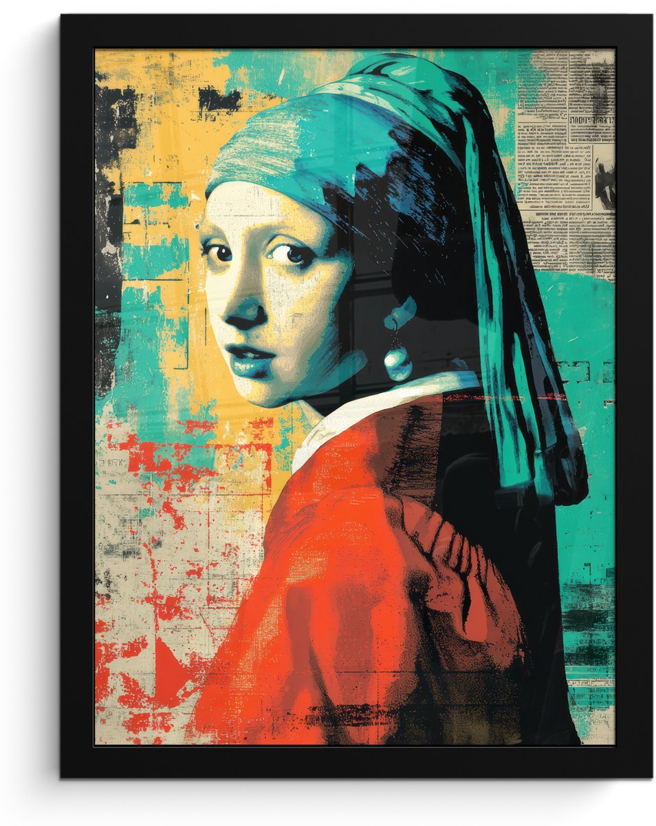 FrameYourWall Poster in lijst - Fotolijst 30x40 cm - Posters - Klassiek - Pareloorbel - Streetartstijl - Kleurrijk - Posterlijst zwart - Decoratie - Wanddecoratie woonkamer - Muurdecoratie slaapkamer Vrouw - Klassiek - Pareloorbel