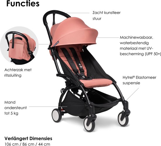 BABYZEN YOYO2 Kinderwagen (Zwart Frame met Ginger 6+ Kleurenpakket) - Inclusief Harnas, Rugleuning, Kapverlengingen, Schouderband, Opbergtas, Zitkussen en Bijpassende Kap van Merkloos — afbeelding 2