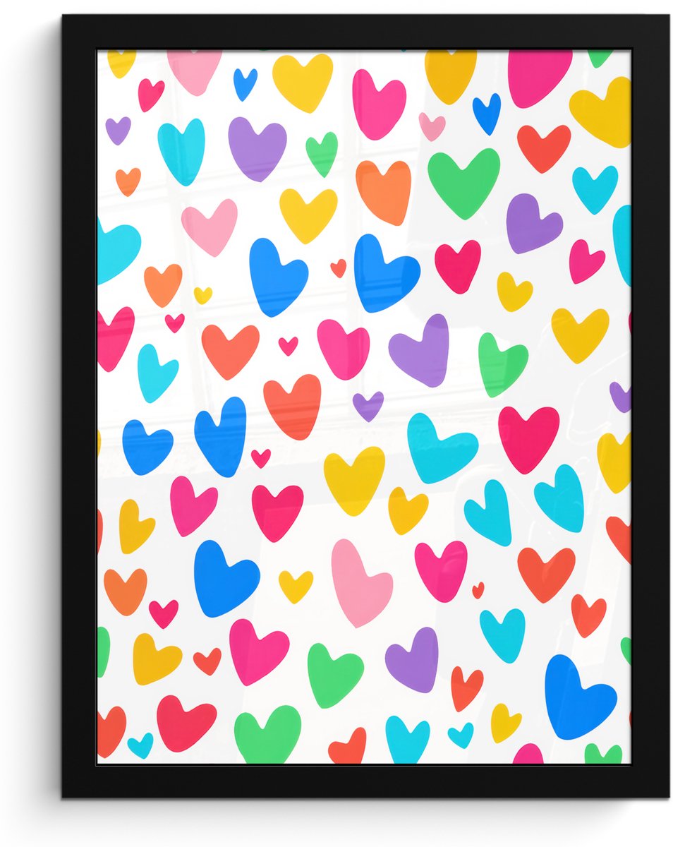 FrameYourWall Poster in lijst - Fotolijst 30x40 cm - Posters - Hartjes - Kleurrijk - Patroon - Levendig - Posterlijst zwart - Decoratie - Wanddecoratie woonkamer - Muurdecoratie slaapkamer