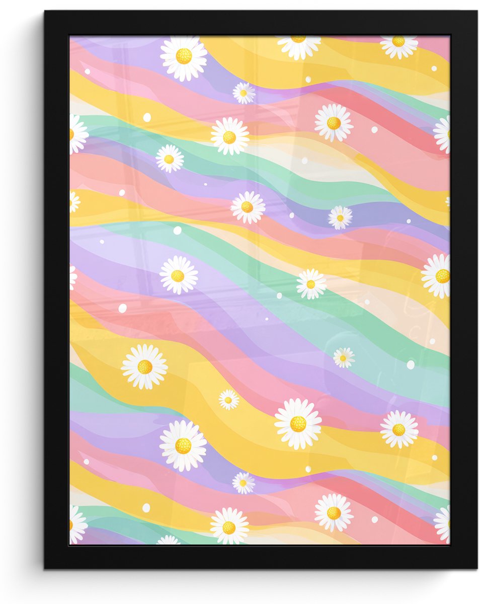FrameYourWall Poster in lijst - Fotolijst 30x40 cm - Posters - Madeliefjes - Kleurrijk - Pastel - Vrolijk - Posterlijst zwart - Decoratie - Wanddecoratie woonkamer - Muurdecoratie slaapkamer