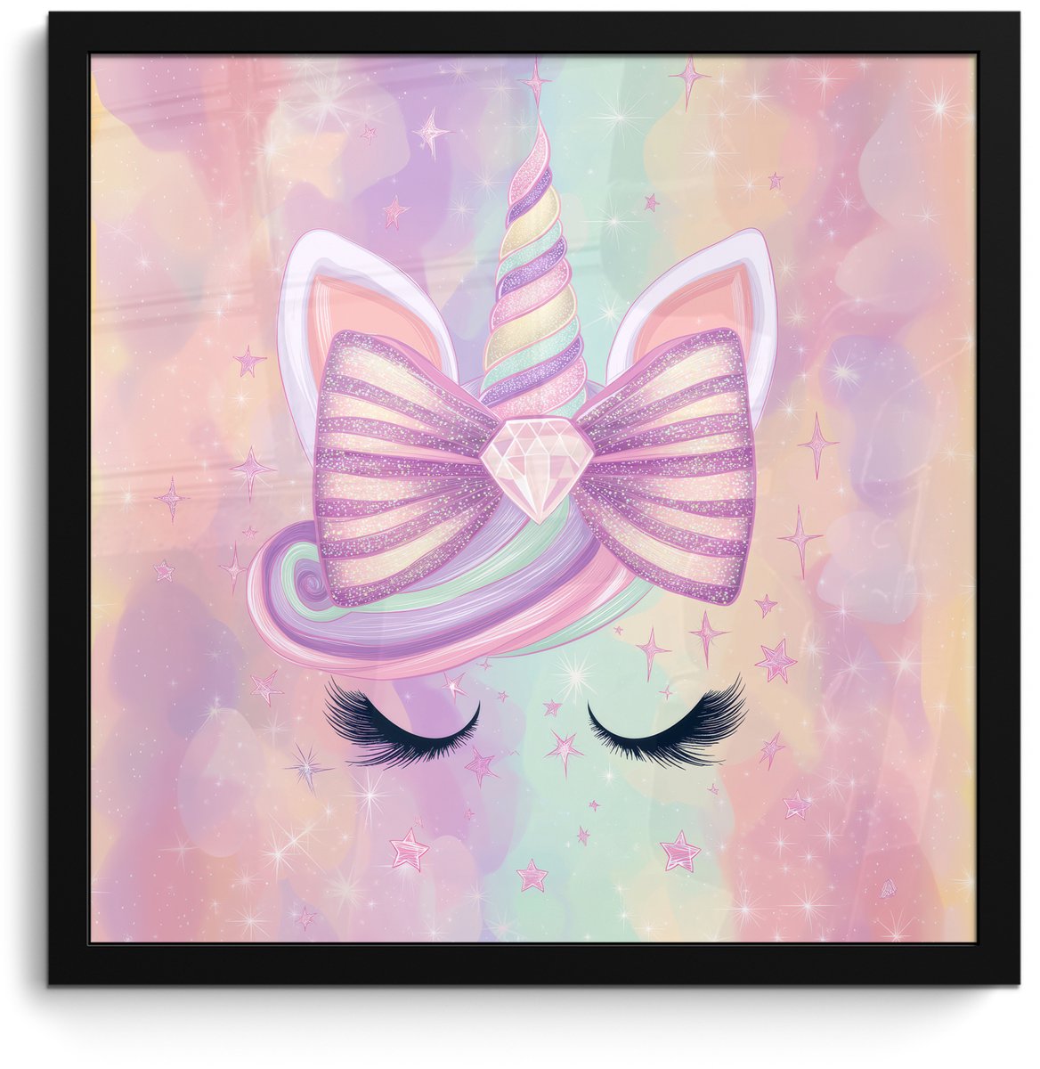 FrameYourWall Poster in lijst - Fotolijst 40x40 cm - Posters - Eenhoorn - Glitters - Regenboog - Pastel - Posterlijst zwart - Decoratie - Wanddecoratie woonkamer - Muurdecoratie slaapkamer