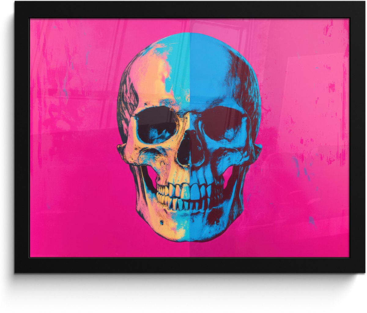 FrameYourWall Poster in lijst - Fotolijst 40x30 cm - Posters - Neon - Blauw - Pop-art - Schedel - Posterlijst zwart - Decoratie - Wanddecoratie woonkamer - Muurdecoratie slaapkamer Schedel - Neon