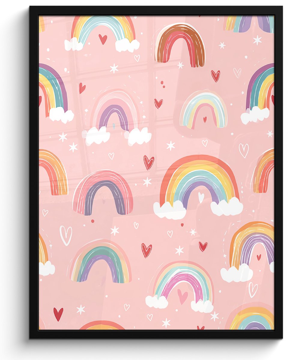 FrameYourWall Poster in lijst - Fotolijst 60x80 cm - Posters - Regenboog - Patroon - Pastel - Handgetekend - Posterlijst zwart - Decoratie - Wanddecoratie woonkamer - Muurdecoratie slaapkamer