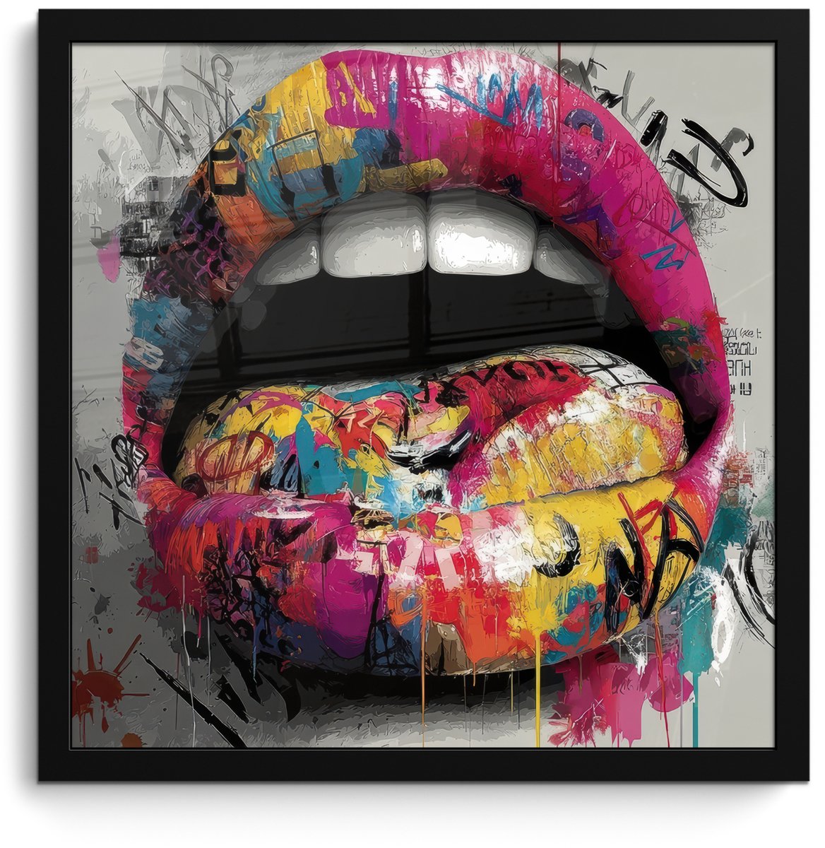 FrameYourWall Poster in lijst - Fotolijst 40x40 cm - Posters - Lippen - Graffiti - Expressief - Posterlijst zwart - Decoratie - Wanddecoratie woonkamer - Muurdecoratie slaapkamer