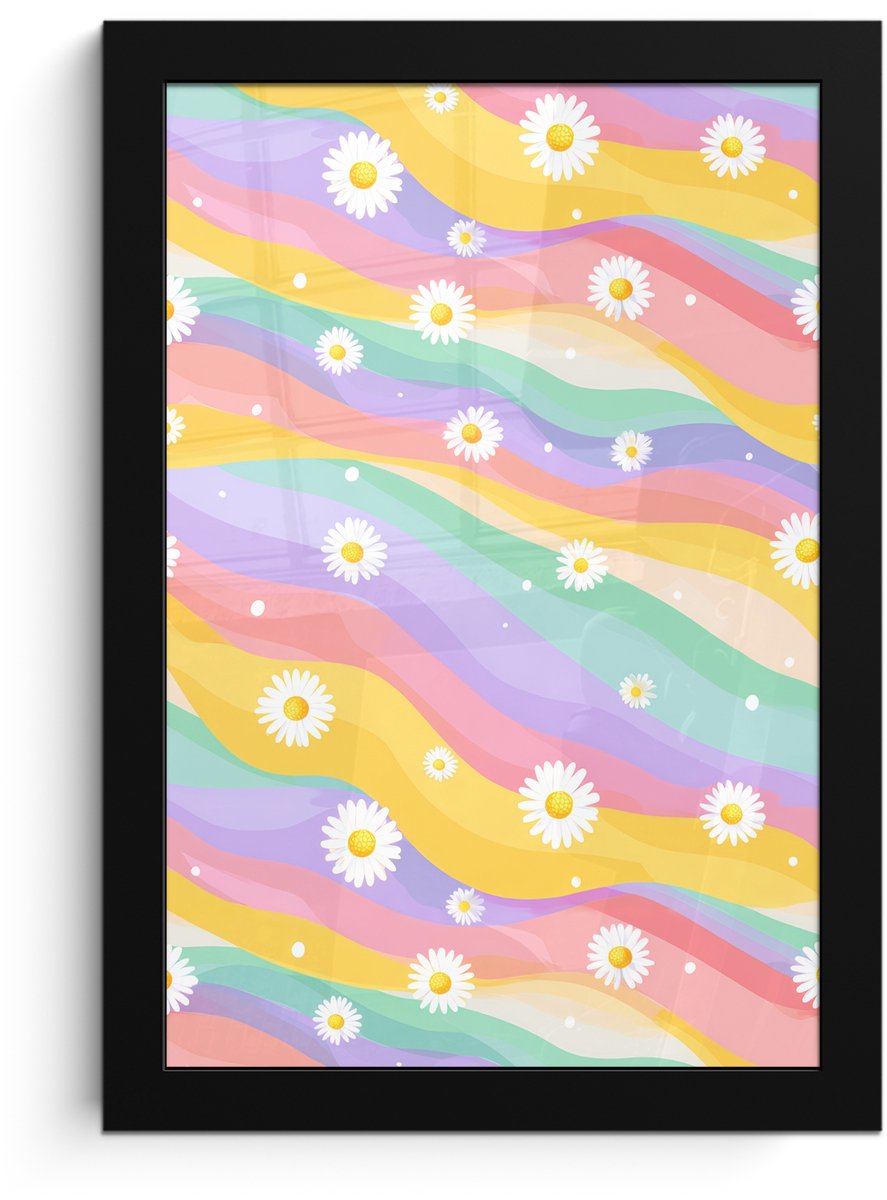 FrameYourWall Poster in lijst - Fotolijst 20x30 cm - Posters - Madeliefjes - Kleurrijk - Pastel - Vrolijk - Posterlijst zwart - Decoratie - Wanddecoratie woonkamer - Muurdecoratie slaapkamer