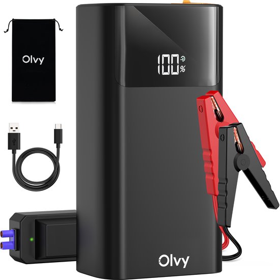 Olvy 12V Jumpstarter voor Auto - 1500A - 3-in-1 Starthulp met Powerbank, LED Zaklamp en SOS Noodlicht - Startkabels met Accu - Startbooster