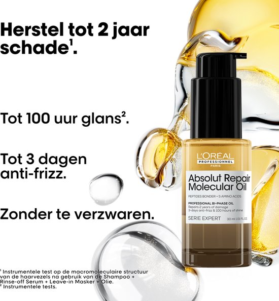 Flesje L'Oréal Absolut Repair Molecular Oil met textuur en glansclaims.