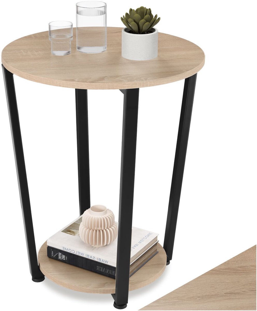 tectake® Ronde Bijzettafel van Hout en Metaal – Industrieel Design, Salontafel met 2 Legplanken, Ø 50x62,5 cm, Voor Woonkamer of Slaapkamer, Zwart Metalen Frame – Licht Sonoma Eiken