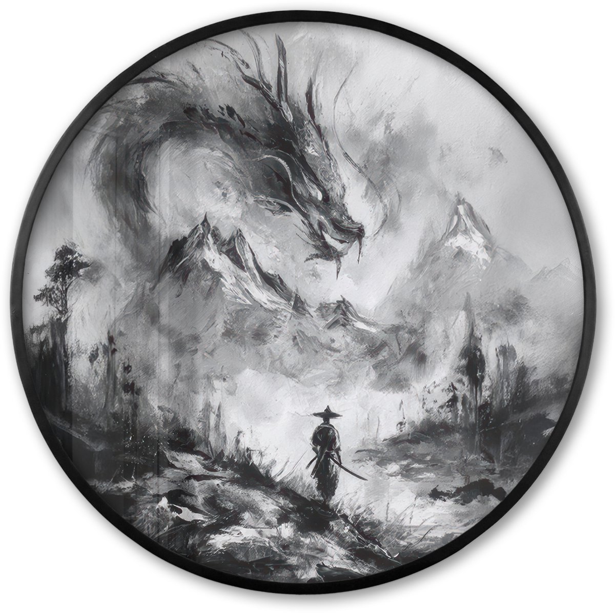 FrameYourWall Poster in lijst Rond - Fotolijst 80x80 cm - Posters - Krijger - Draak - Grijs - Ronde posterlijst zwart - Decoratie - Wanddecoratie woonkamer - Muurdecoratie slaapkamer