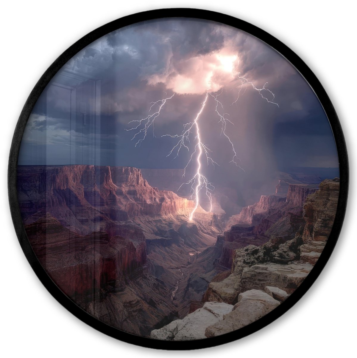 FrameYourWall Poster in lijst Rond - Fotolijst 40x40 cm - Posters - Bliksem - Wolken - Canyon - Ronde posterlijst zwart - Decoratie - Wanddecoratie woonkamer - Muurdecoratie slaapkamer Bliksem - Wolken - Rotsen