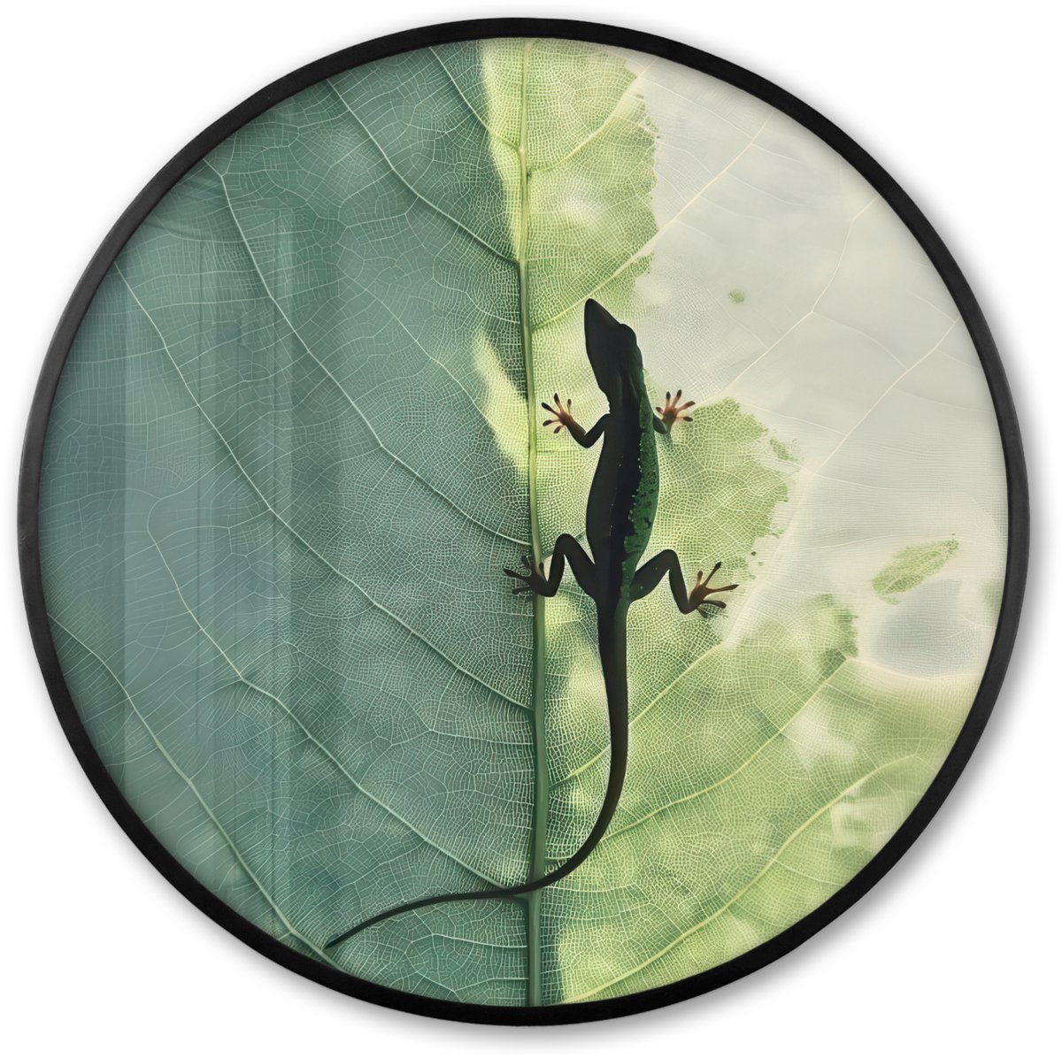FrameYourWall Poster in lijst Rond - Fotolijst 80x80 cm - Posters - Hagedis - Blad - Nerven - Groen - Ronde posterlijst zwart - Decoratie - Wanddecoratie woonkamer - Muurdecoratie slaapkamer