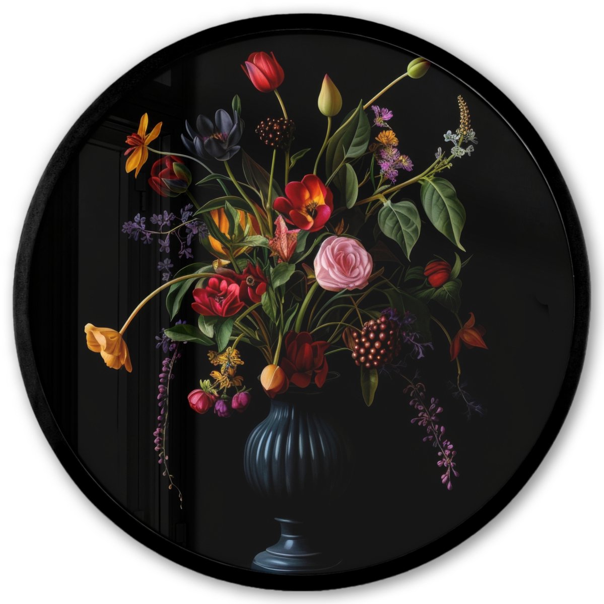 FrameYourWall Poster in lijst Rond - Fotolijst 40x40 cm - Posters - Bloemen - Bessen - Klassiek - Ronde posterlijst zwart - Decoratie - Wanddecoratie woonkamer - Muurdecoratie slaapkamer Boeket - Bloemen 1