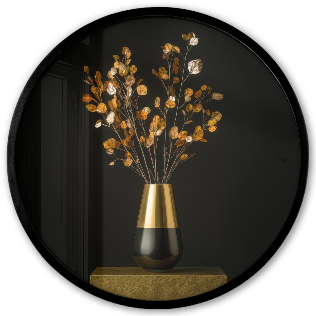 FrameYourWall Poster in lijst Rond - Fotolijst 40x40 cm - Posters - Goudbruine - Bladeren - Vaas - Herfstachtig - Ronde posterlijst zwart - Decoratie - Wanddecoratie woonkamer - Muurdecoratie slaapkamer Boeket - Bloemen 2