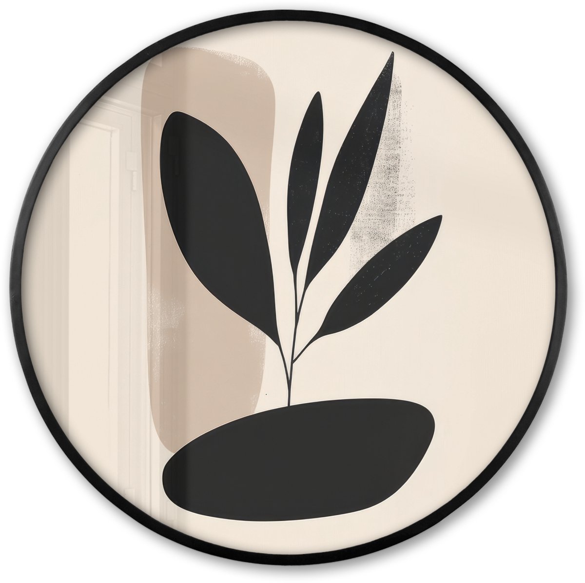 FrameYourWall Poster in lijst Rond - Fotolijst 80x80 cm - Posters - Plant - Beige - Japandi - Ronde posterlijst zwart - Decoratie - Wanddecoratie woonkamer - Muurdecoratie slaapkamer
