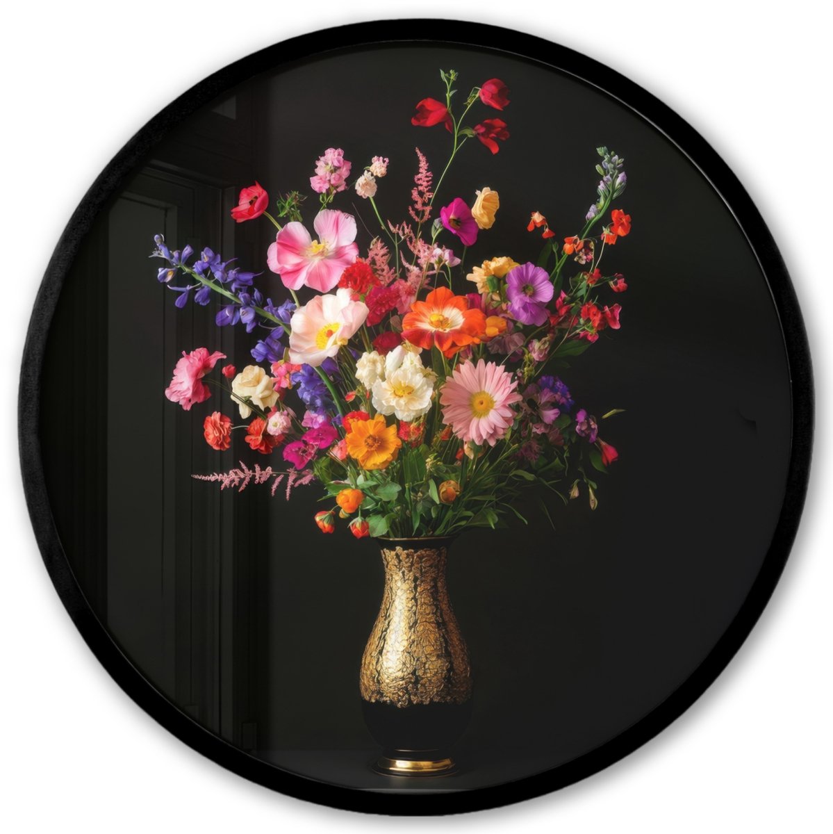 FrameYourWall Poster in lijst Rond - Fotolijst 40x40 cm - Posters - Kleurrijk - Boeket - Vaas - Goud - Ronde posterlijst zwart - Decoratie - Wanddecoratie woonkamer - Muurdecoratie slaapkamer Boeket - Bloemen 3