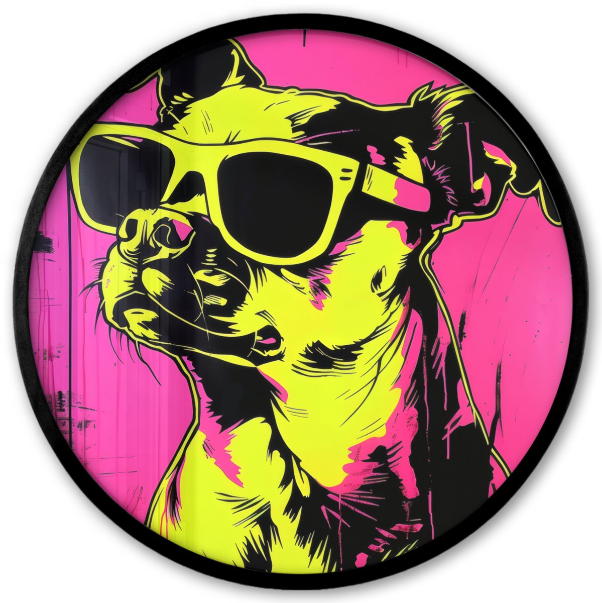 FrameYourWall Poster in lijst Rond - Fotolijst 40x40 cm - Posters - Hond - Zonnebril - Roze - Art - Ronde posterlijst zwart - Decoratie - Wanddecoratie woonkamer - Muurdecoratie slaapkamer