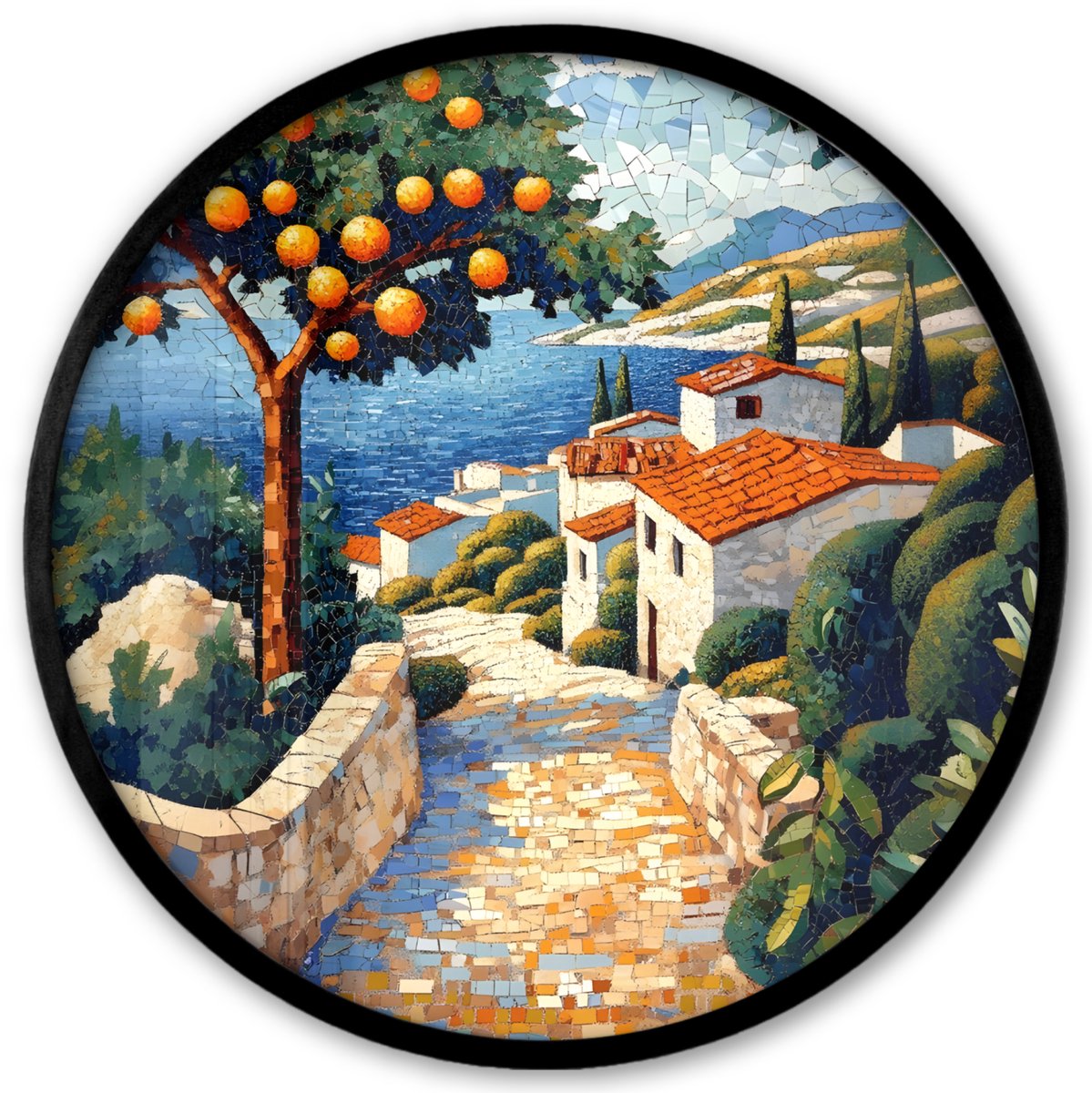 FrameYourWall Poster in lijst Rond - Fotolijst 40x40 cm - Posters - Huizen - Mozaïek - Sinaasappelbomen - Zee - Ronde posterlijst zwart - Decoratie - Wanddecoratie woonkamer - Muurdecoratie slaapkamer Dorp - Zee - Mozaïek