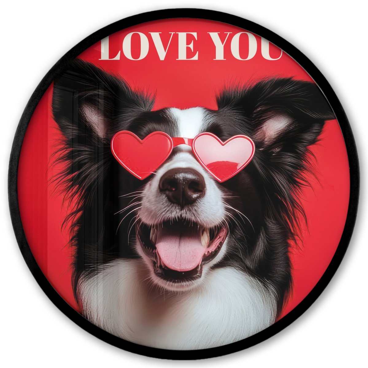FrameYourWall Poster in lijst Rond - Fotolijst 40x40 cm - Posters - Hond - Hartjesbril - Loveyou - Rood - Ronde posterlijst zwart - Decoratie - Wanddecoratie woonkamer - Muurdecoratie slaapkamer Hond - Love you
