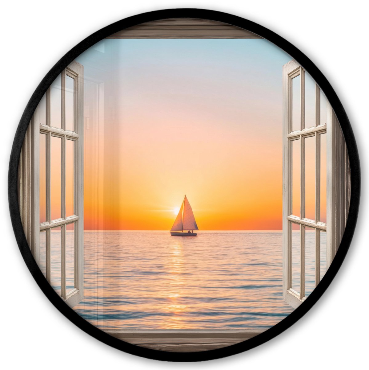 FrameYourWall Poster in lijst Rond - Fotolijst 40x40 cm - Posters - Doorkijk - Zee - Boot - Zonsondergang - Ronde posterlijst zwart - Decoratie - Wanddecoratie woonkamer - Muurdecoratie slaapkamer Zonsondergang - Boot