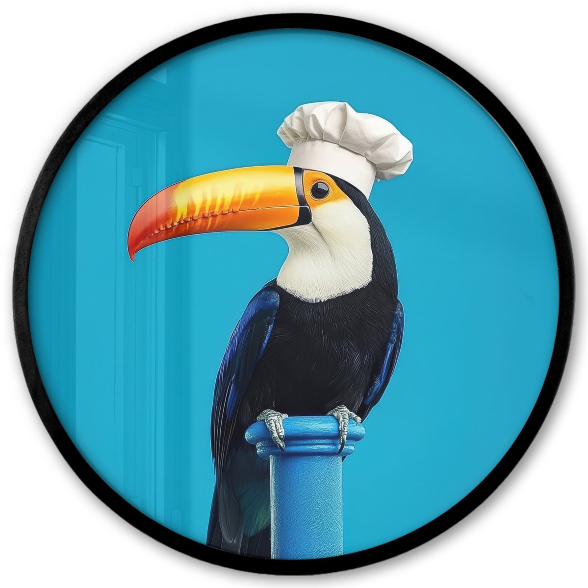 FrameYourWall Poster in lijst Rond - Fotolijst 40x40 cm - Posters - Tucan - Sokkel - Vogel - Koksmuts - Ronde posterlijst zwart - Decoratie - Wanddecoratie woonkamer - Muurdecoratie slaapkamer Koksmuts - Toekan