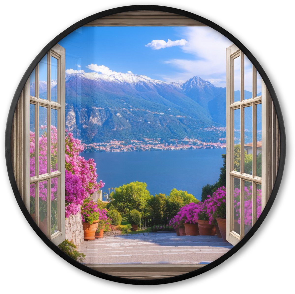 FrameYourWall Poster in lijst Rond - Fotolijst 80x80 cm - Posters - Doorkijk - Berg - Landschap - Uitzicht - Meer - Ronde posterlijst zwart - Decoratie - Wanddecoratie woonkamer - Muurdecoratie slaapkamer