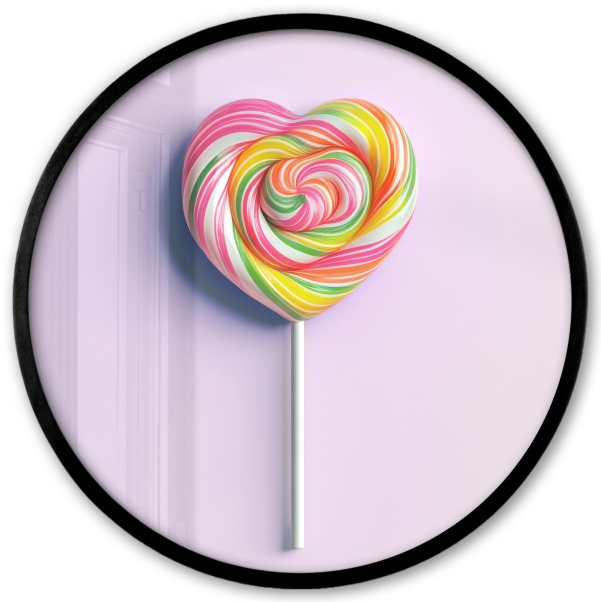 FrameYourWall Poster in lijst Rond - Fotolijst 40x40 cm - Posters - Hart - Lolly - Snoep - Ronde posterlijst zwart - Decoratie - Wanddecoratie woonkamer - Muurdecoratie slaapkamer Hartjeslolly