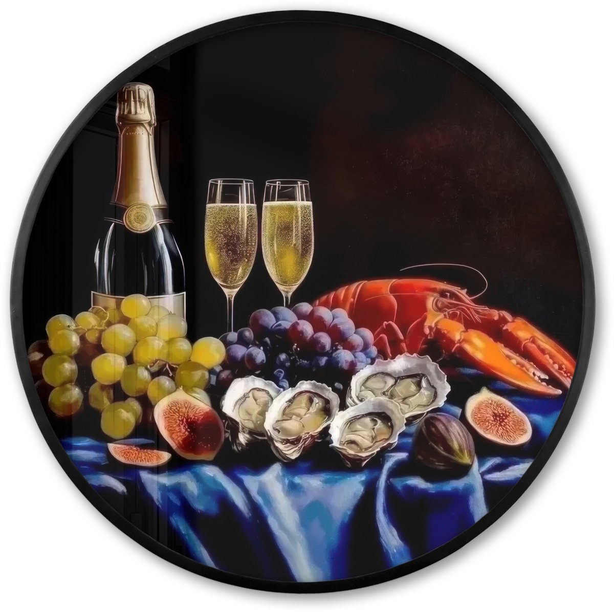 FrameYourWall Poster in lijst Rond - Fotolijst 80x80 cm - Posters - Champagne - Luxe - Oesters - Ronde posterlijst zwart - Decoratie - Wanddecoratie woonkamer - Muurdecoratie slaapkamer Champagne - Stilleven