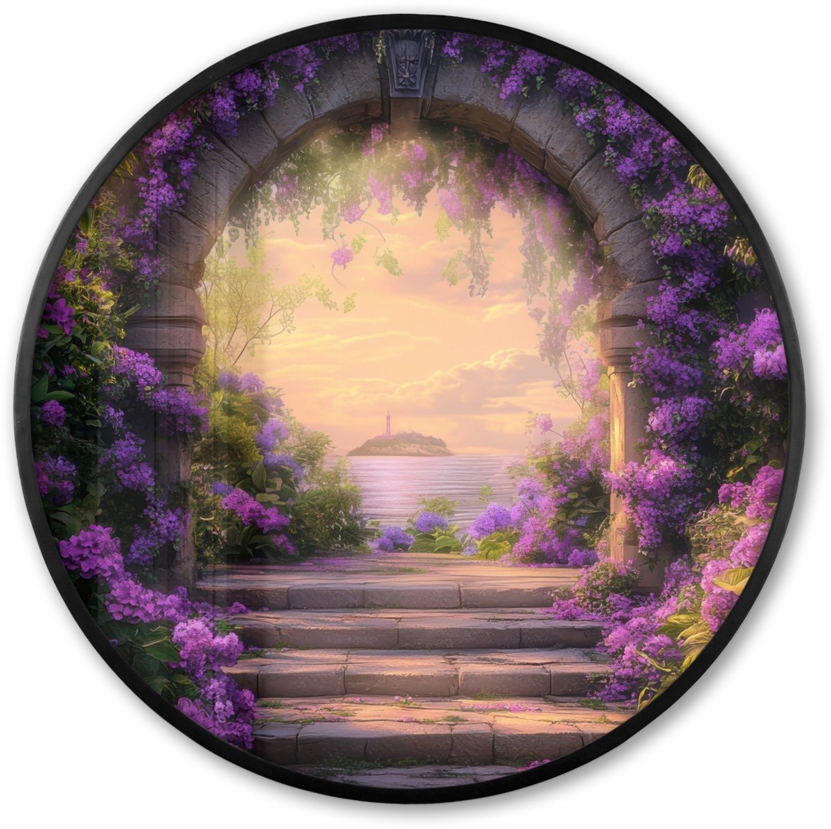 FrameYourWall Poster in lijst Rond - Fotolijst 60x60 cm - Posters - Poort - Paars - Bloemen - Ronde posterlijst zwart - Decoratie - Wanddecoratie woonkamer - Muurdecoratie slaapkamer Poort - Paarse bloemen