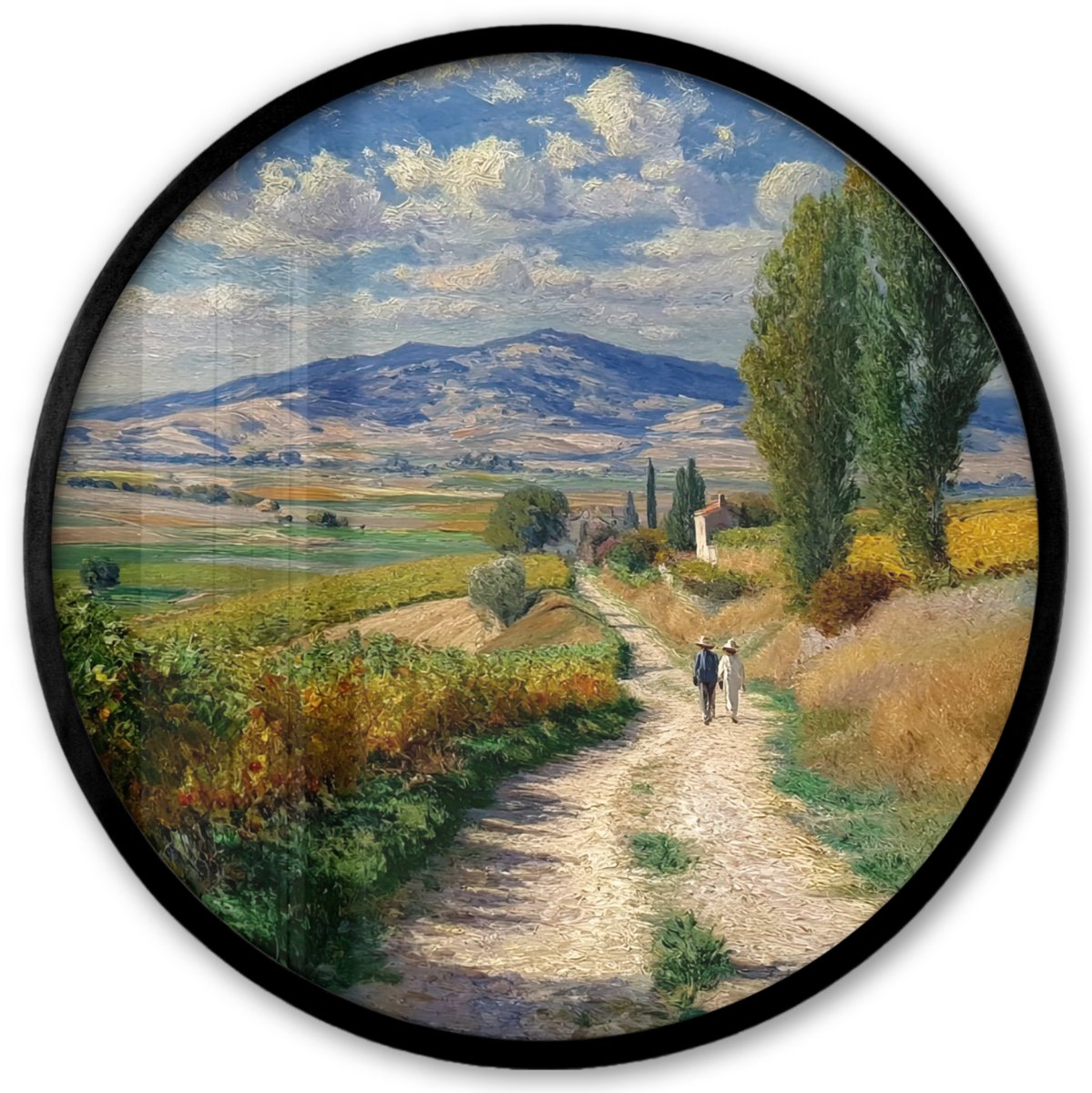 FrameYourWall Poster in lijst Rond - Fotolijst 40x40 cm - Posters - Mensen - Wandelen - Zandpad - Velden - Ronde posterlijst zwart - Decoratie - Wanddecoratie woonkamer - Muurdecoratie slaapkamer Zandpad - Velden - Bergen