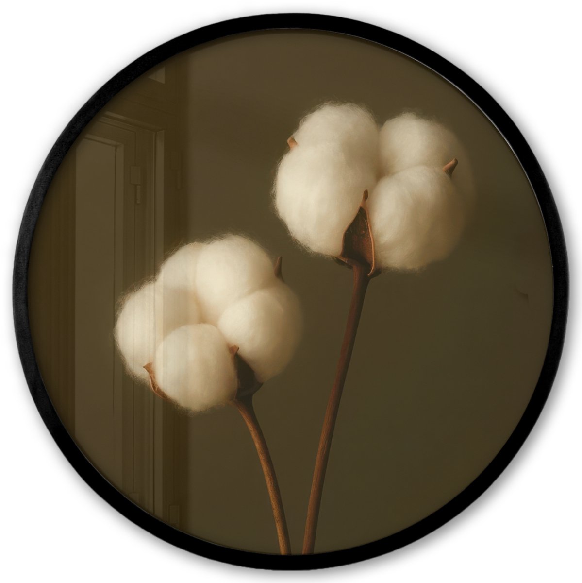 FrameYourWall Poster in lijst Rond - Fotolijst 40x40 cm - Posters - Takken - Katoen - Wit - Bollen - Ronde posterlijst zwart - Decoratie - Wanddecoratie woonkamer - Muurdecoratie slaapkamer
