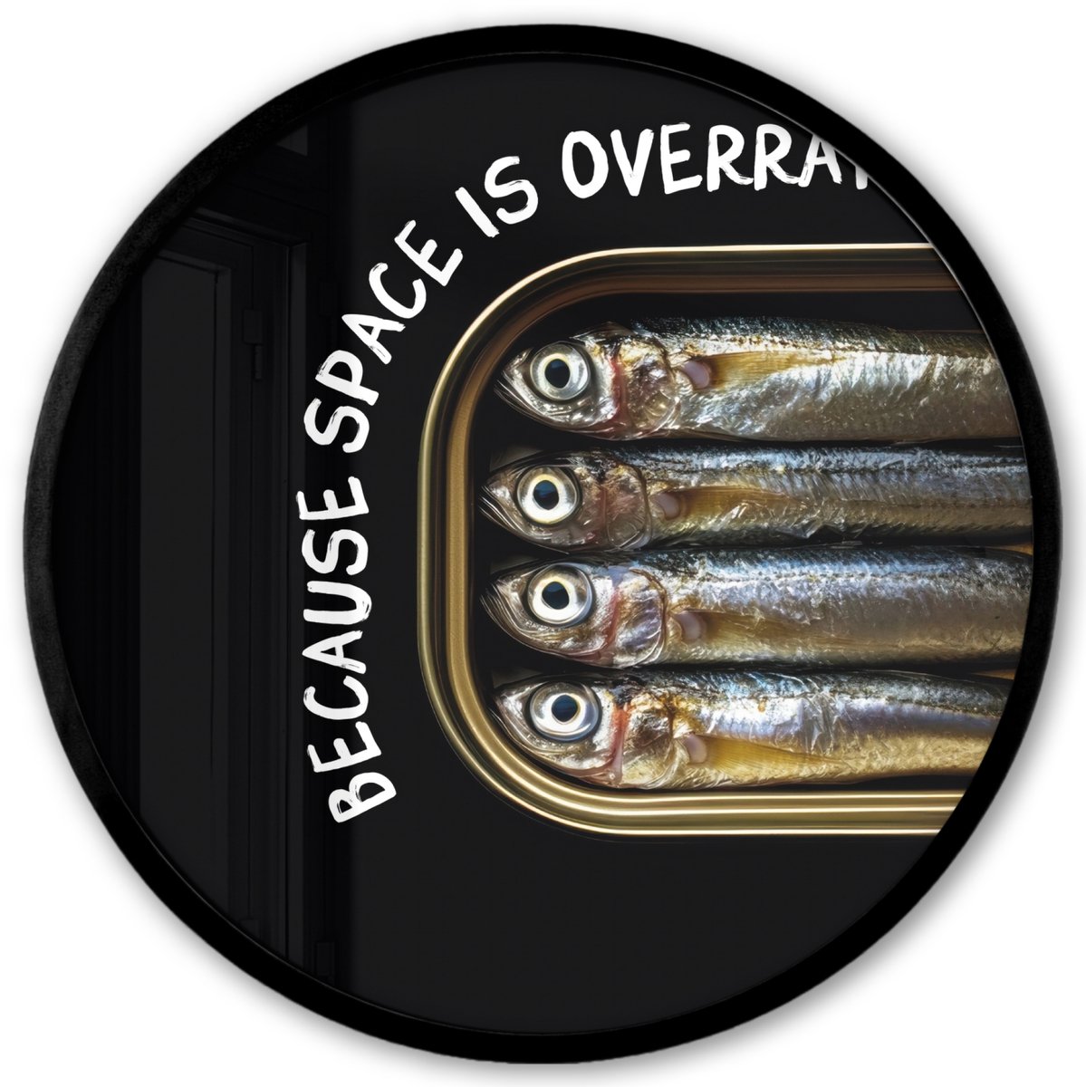 FrameYourWall Poster in lijst Rond - Fotolijst 40x40 cm - Posters - Sardines - Tekst - Vis - Blik - Ronde posterlijst zwart - Decoratie - Wanddecoratie woonkamer - Muurdecoratie slaapkamer Krab - Tekst