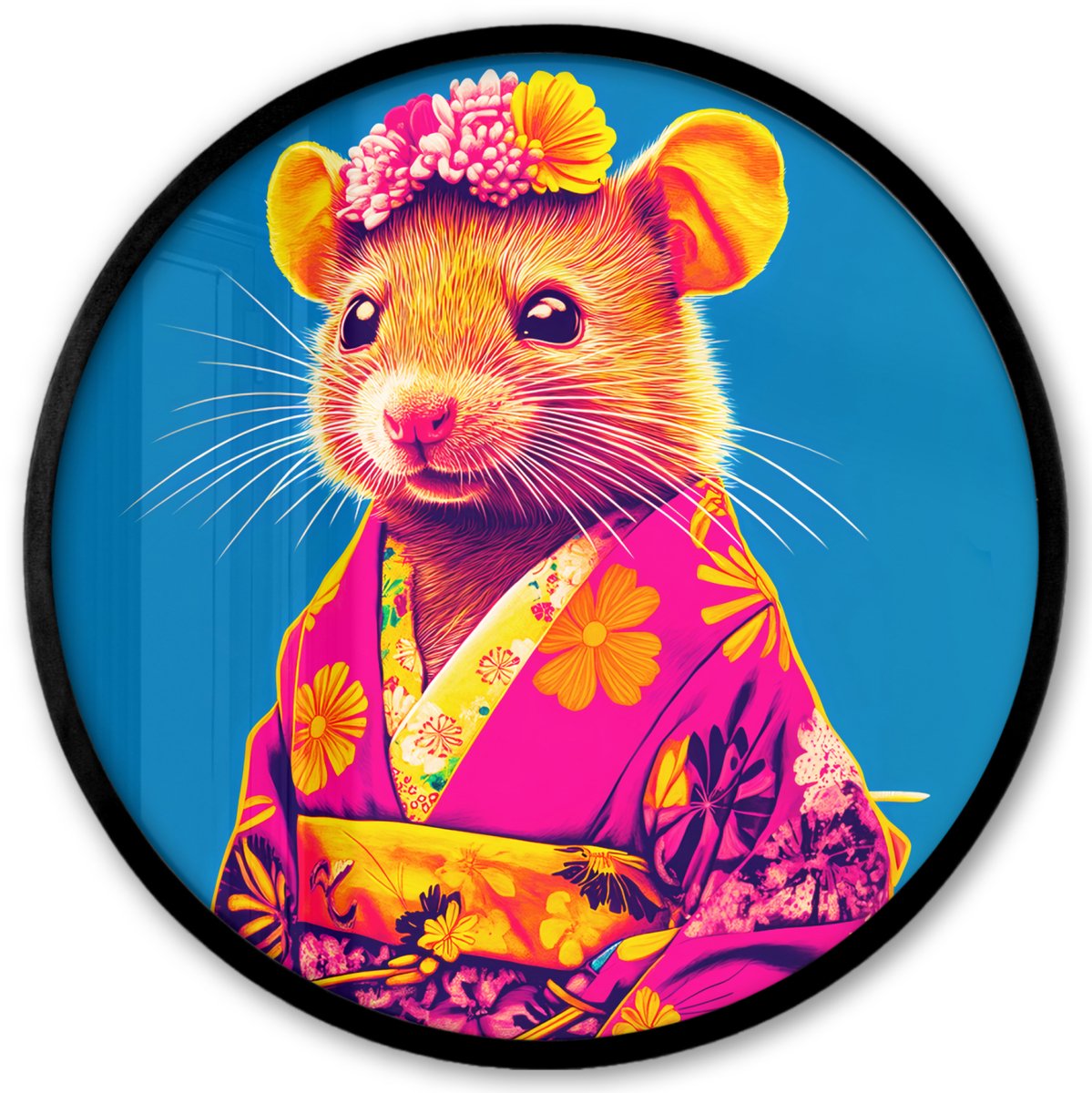 FrameYourWall Poster in lijst Rond - Fotolijst 40x40 cm - Posters - Muis - Kimono - Bloemen - Blauw - Ronde posterlijst zwart - Decoratie - Wanddecoratie woonkamer - Muurdecoratie slaapkamer