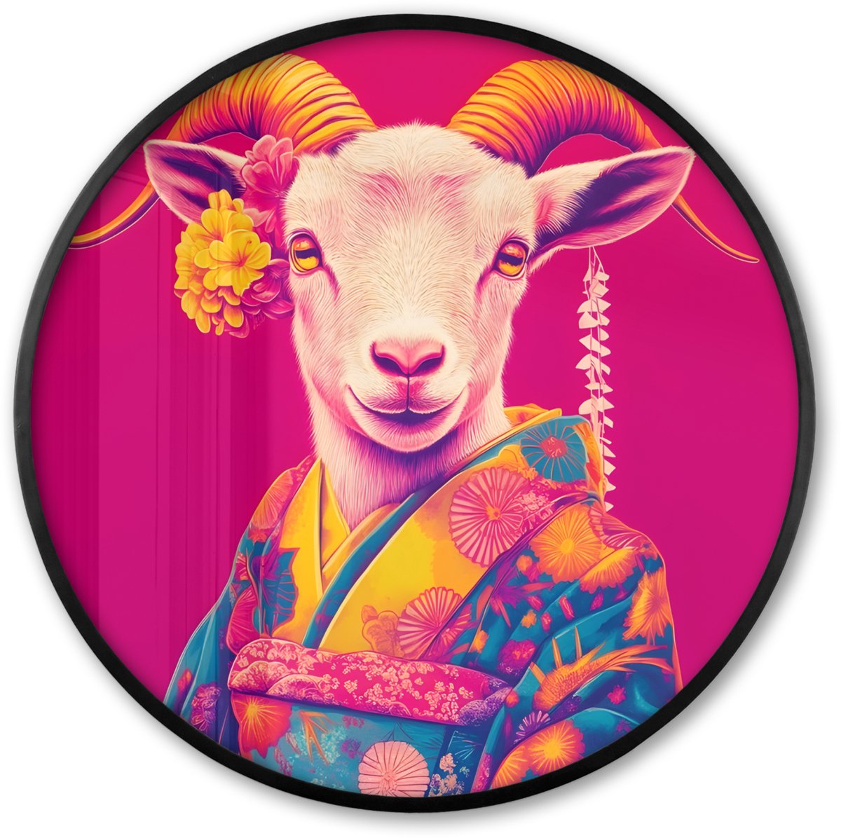 FrameYourWall Poster in lijst Rond - Fotolijst 80x80 cm - Posters - Geit - Hoorns - Kimono - Kleurrijk - Ronde posterlijst zwart - Decoratie - Wanddecoratie woonkamer - Muurdecoratie slaapkamer
