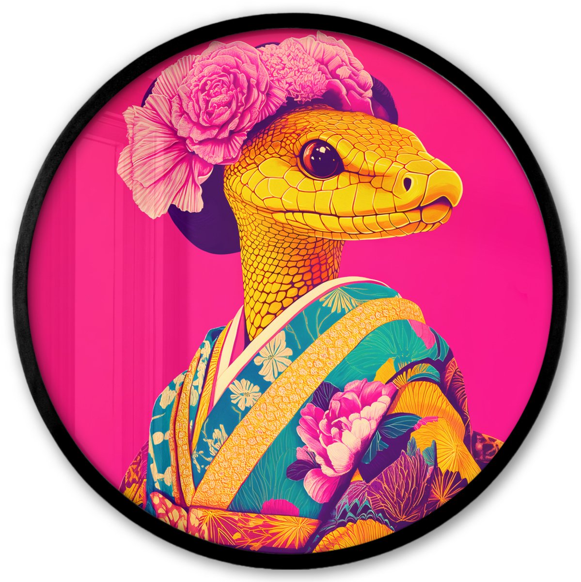 FrameYourWall Poster in lijst Rond - Fotolijst 40x40 cm - Posters - Hagedis - Bloemen - Roze - Kimono - Ronde posterlijst zwart - Decoratie - Wanddecoratie woonkamer - Muurdecoratie slaapkamer