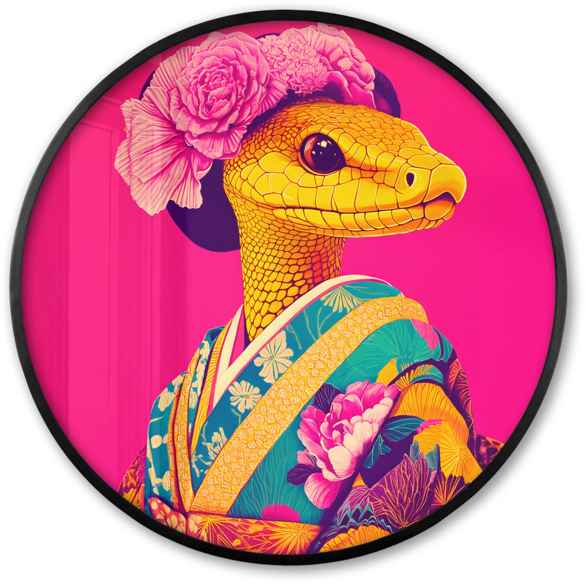 FrameYourWall Poster in lijst Rond - Fotolijst 80x80 cm - Posters - Hagedis - Bloemen - Roze - Kimono - Ronde posterlijst zwart - Decoratie - Wanddecoratie woonkamer - Muurdecoratie slaapkamer