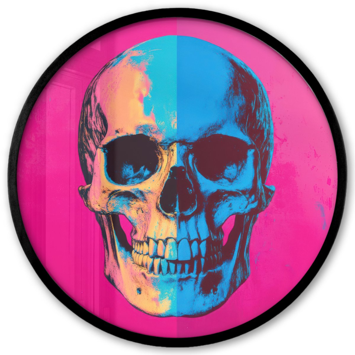 FrameYourWall Poster in lijst Rond - Fotolijst 40x40 cm - Posters - Neon - Blauw - Pop-art - Schedel - Ronde posterlijst zwart - Decoratie - Wanddecoratie woonkamer - Muurdecoratie slaapkamer Schedel - Neon