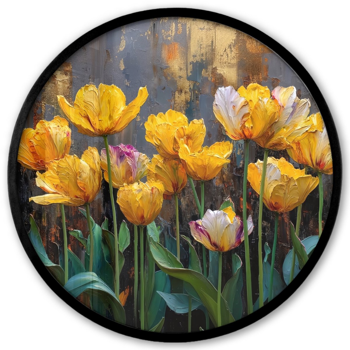 FrameYourWall Poster in lijst Rond - Fotolijst 40x40 cm - Posters - Tulpen - Geel - Penseelstreken - Abstract - Ronde posterlijst zwart - Decoratie - Wanddecoratie woonkamer - Muurdecoratie slaapkamer