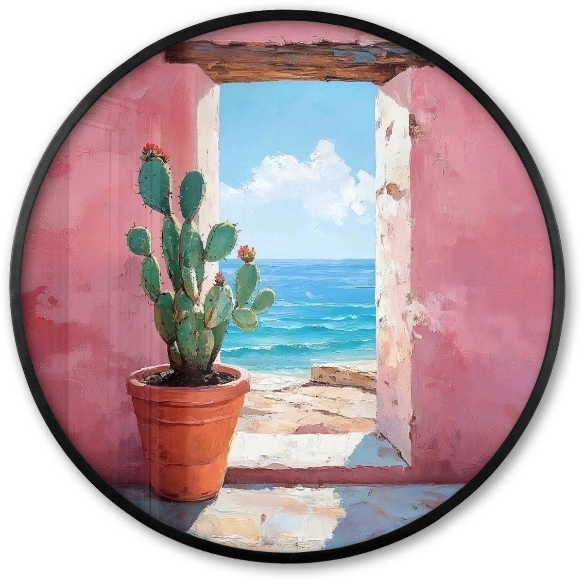 FrameYourWall Poster in lijst Rond - Fotolijst 60x60 cm - Posters - Zee - Roze - Cactus - Ronde posterlijst zwart - Decoratie - Wanddecoratie woonkamer - Muurdecoratie slaapkamer Zee - Cactus